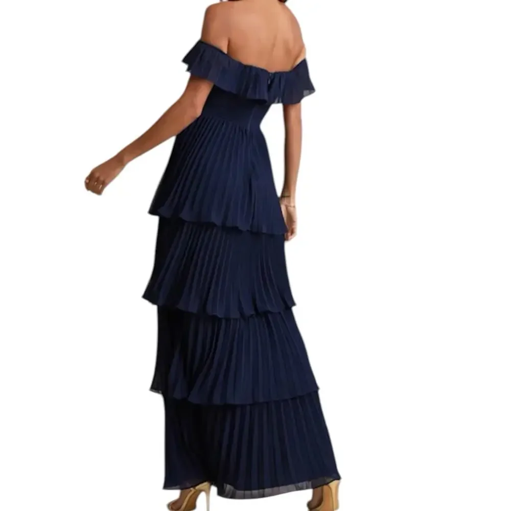NWT Lulus Always Remarkable Navy Pleated Off the Shoulder Maxi Dress Size 1X - Picture 2 of 9